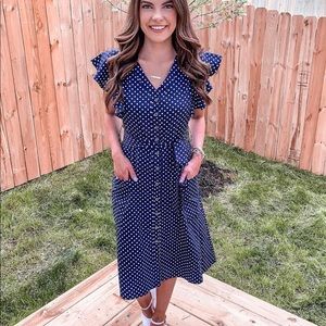 Navy Polka Dot Sleeveless Midi Dress with Pockets